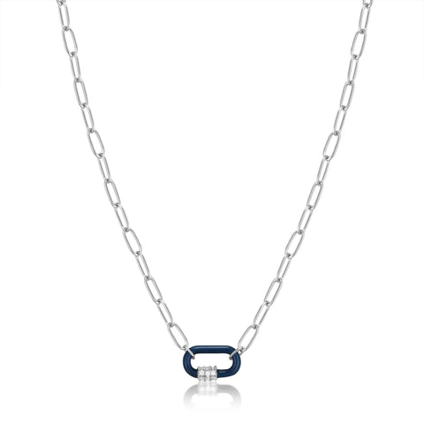 Halsketting Ania Haie Navy Blue Enamel Carabiner Silver Necklace